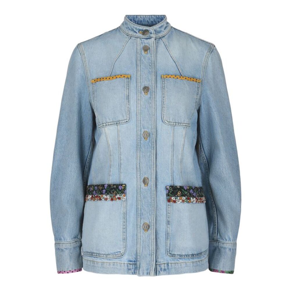 Valentino Embroidered Trimmed Denim Jacket Blue Womens